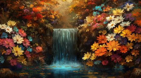 Beautiful autumn landscape with a waterfall and flowers. Digital painting. Generative Ai.の素材