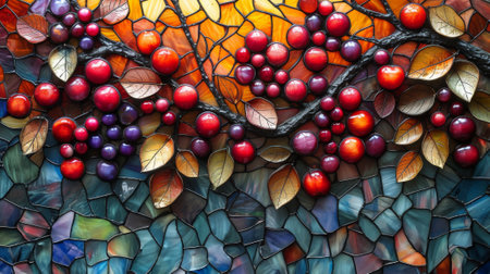 Colorful stained glass window with red and orange cherries on it. Generative Ai.の素材