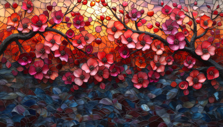 Stained glass window with a red flower in the shape of a tree. Generative Ai.の素材
