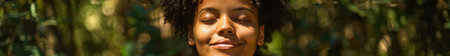 panoramic shot of african american woman with closed eyes looking away. Generative Ai.の素材