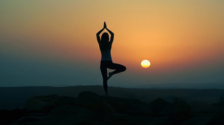 Silhouette of a woman practicing yoga at sunset. Concept of healthy lifestyle. Generative Ai.の素材