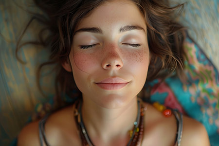 Portrait of beautiful young woman lying on the sofa at home. Generative Ai.の素材