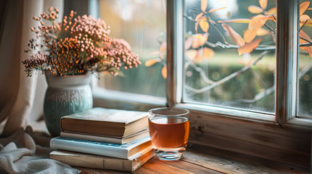 Cup of tea, books and vase with autumn leaves on windowsill. Generative Ai.の素材