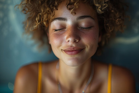 Portrait of a beautiful young woman with curly hair and freckles. Generative Ai.の素材