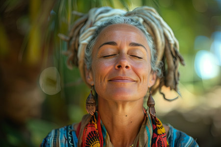 Portrait of a beautiful mature woman with dreadlocks in the garden. Generative Ai.の素材