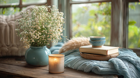 Cozy home interior with books, candles and flowers on the windowsill. Generative Ai.の素材