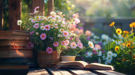 Books and flowers in a basket on a wooden table in the garden. Generative Ai.の素材
