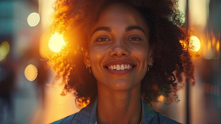 Close-up portrait of beautiful young african american woman with afro hairstyle smiling outdoors. Generative Ai.の素材