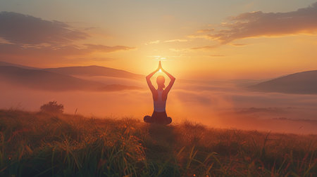 Woman practicing yoga at sunrise in the mountains. Beautiful nature landscape. Generative Ai.の素材