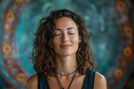 Portrait of a beautiful young woman with curly hair and blue eyes. Generative Ai.の素材
