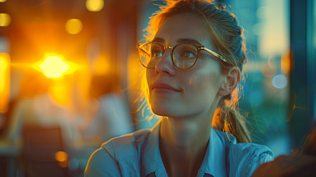 Portrait of young businesswoman in eyeglasses looking away in cafe. Generative Ai.の素材