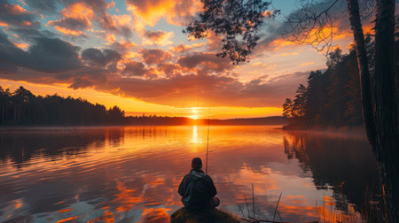 Fisherman sitting on a rock and fishing on a lake at sunset. Generative Ai.の素材