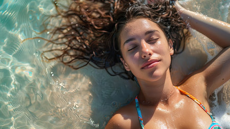 Portrait of a beautiful young woman relaxing in a swimming pool. Generative Ai.の素材