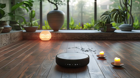 Robot vacuum cleaner in the living room. 3d rendering. Generative Ai.の素材