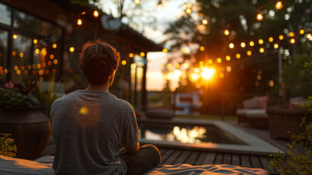 Young man sitting on a terrace in front of a cafe at sunset. Generative Ai.の素材