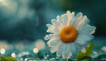 Beautiful daisy flower with dew drops on the petals. Generative Ai.の素材