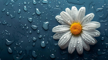 White daisy flower with water drops on a dark blue background. Generative Ai.の素材
