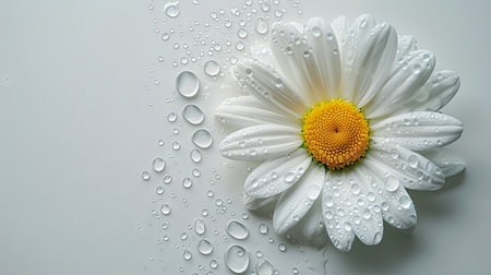 White chamomile flower on a white background with water drops. Generative Ai.の素材
