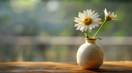 Beautiful chamomile flowers in vase on wooden table. Generative Ai.の素材