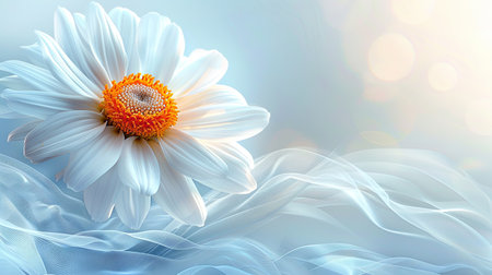 White daisy flower on blue background with bokeh effect. Generative Ai.の素材