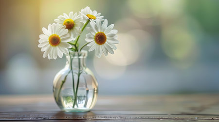 Beautiful daisies in a vase on a wooden table. Generative Ai.の素材
