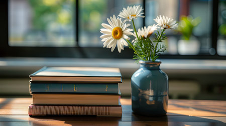 books and vase with daisies on the table at home. Generative Ai.の素材