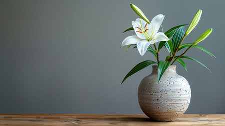 White lily in vase on wooden table over gray background. Generative Ai.の素材