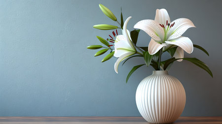 White lily flowers in vase on wooden table and blue wall background. Generative Ai.の素材