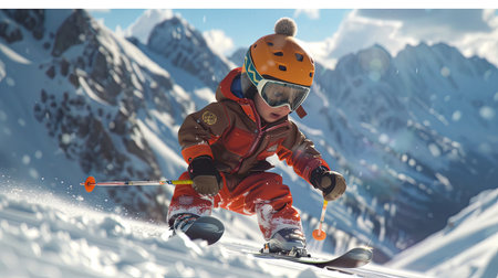 Skier in helmet skiing downhill in high mountains. 3D rendering. Generative Ai.の素材