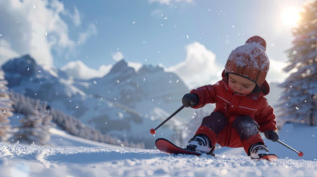 Little boy skiing in the mountains on a sunny day. Winter sports for children. Generative Ai.の素材