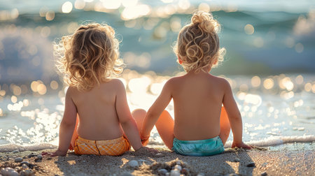 Two adorable little girls sitting on the beach and looking at the sea. Generative Ai.の素材