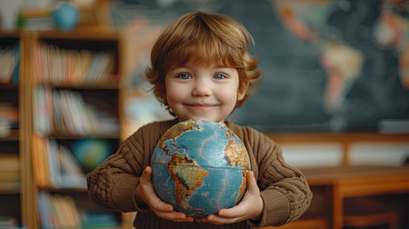 Portrait of smiling little boy holding a globe and looking at camera. Generative Ai.の素材