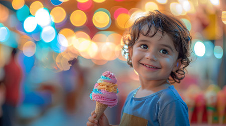 Adorable little boy eating ice cream in a summer park, outdoors. Generative Ai.の素材