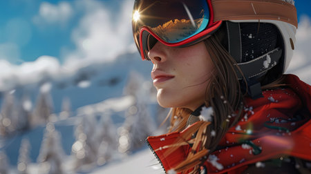 Closeup portrait of a young woman in a ski suit and helmet. Generative Ai.の素材