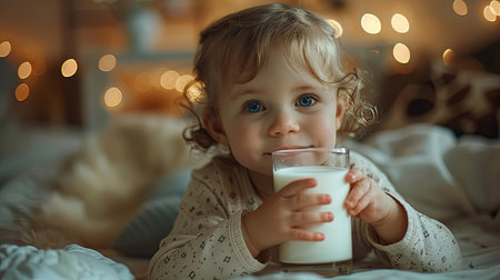 Little girl drinking milk in bed. Christmas and New Year concept. Generative Ai.の素材