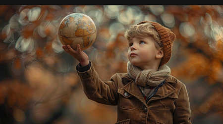 Little boy with a globe in the autumn park. The concept of travel and adventure. Generative Ai.の素材