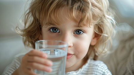 Portrait of a cute little girl drinking water from a glass. Generative Ai.の素材