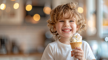 cheerful child eating ice cream in cafe at christmas time. Generative Ai.の素材
