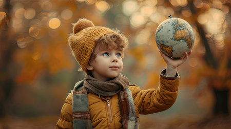Cute little boy with a globe in his hand in the autumn park. Generative Ai.の素材