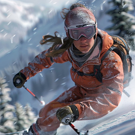 Skier woman skiing in the mountains. Winter sports and healthy lifestyle. Generative Ai.の素材