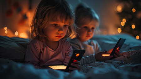Cute little sisters using mobile phones in bed at Christmas time. Generative Ai.の素材