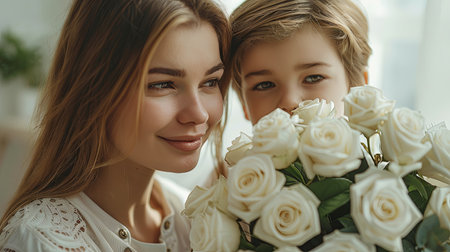 happy mother and daughter with bouquet of white roses looking at camera. Generative Ai.の素材