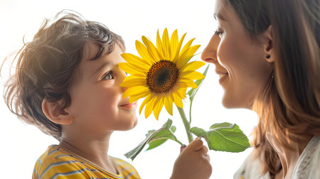 Happy mother and son with sunflowers on a white background. Generative Ai.の素材