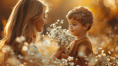 Mother and son in the field with daisies at sunset. Generative Ai.の素材