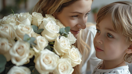Beautiful young mother and her adorable little daughter are holding a bouquet of white roses. Generative Ai.の素材