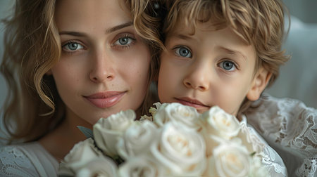 Portrait of beautiful young mother and her little son with bouquet of flowers. Generative Ai.の素材