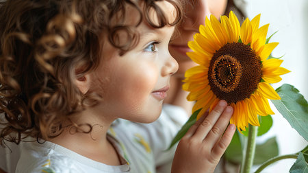 Portrait of a cute little girl with sunflower at home. Generative Ai.の素材