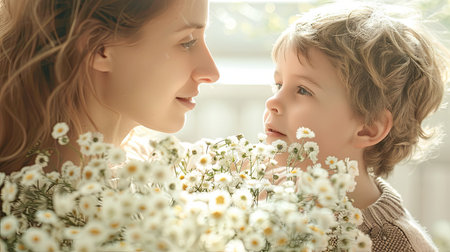 Mother and son in the room with a bouquet of daisies. Generative Ai.の素材