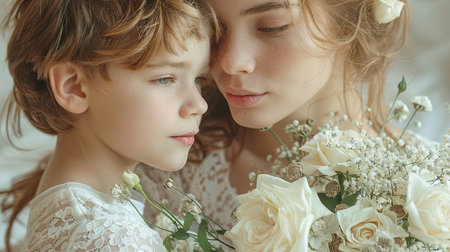 Portrait of beautiful mother and daughter with bouquet of white roses. Generative Ai.の素材