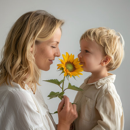 Mother and son with sunflower in studio. Mother's day concept. Generative Ai.の素材